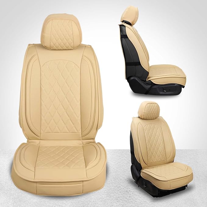 MIROZO Seat Covers Full Set, Leather Car Seat Cover Breathable Seat Protector Waterproof Automotive Seat Covers Non Slip Front & Rear Seat Cushion Universal for Most Sedan Truck,SUV (Beige)