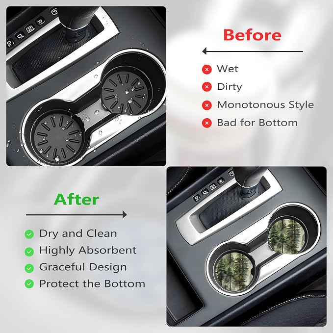 Ceramic Car Cup Coasters 2PCS - Dream Forest | with Cork Back & Finger Slot, Anti-Slip Shock Absorbing, Universal Car Interior Accessories for Men Women