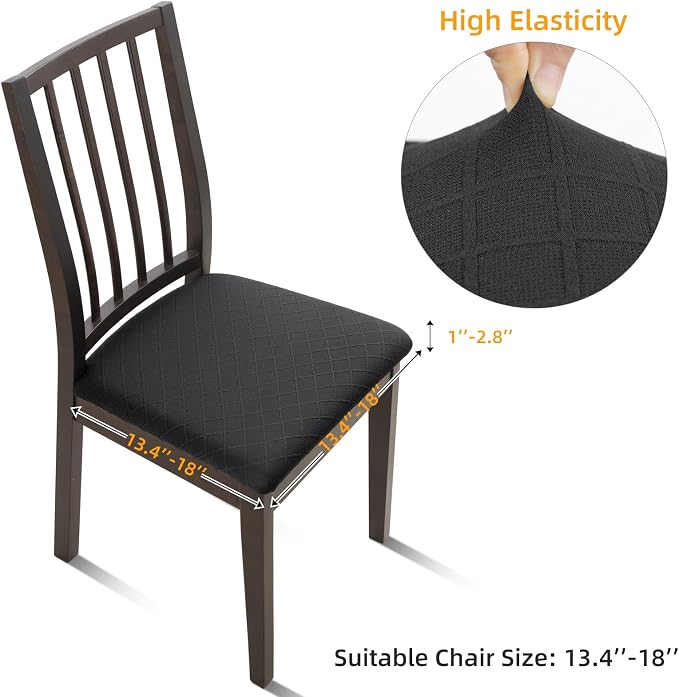 Fuloon Waterproof Seat Cushion Covers 4 PCS, Stretch Jacquard Chair Seat Covers Washable Dining Room Chair Slipcovers Removable Kitchen Cushion Protector (4, Waterproof-Black)