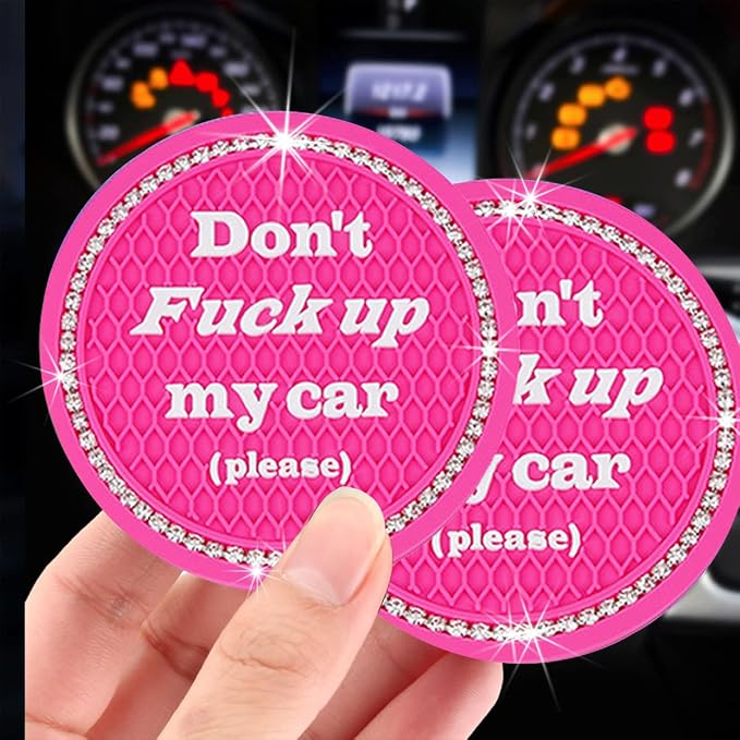 Ziciner 2 Pack Bling Car Cup Holder Coasters with Start Stop Button Cover, 2.75 inch Crystal Rhinestone Soft Rubber Auto Cup Insert Pad, Non-Slip Universal Vehicle Interior Accessories (Rose Red)
