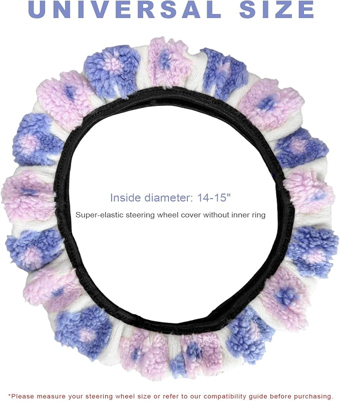 Plush Flowers Steering Wheel Cover, 15 inch Anti-Slip Breathable Steering Wheel Protector Cute Floral Decor, Elastic Soft Wheel Cover Universal Fit for Most Vehicles (Light Purple)