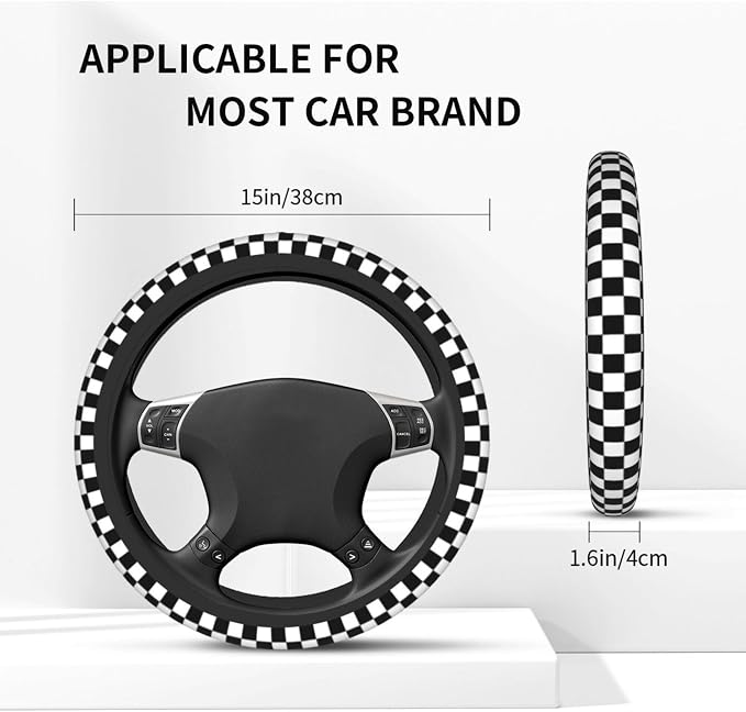 Racing Flag Steering Wheel Cover - Black and White Checkered Steering Wheel Cover Anti-Slip Breathable for 15 in Universal 2 Pcs Car Interior Cup Holder Pad for Men Women