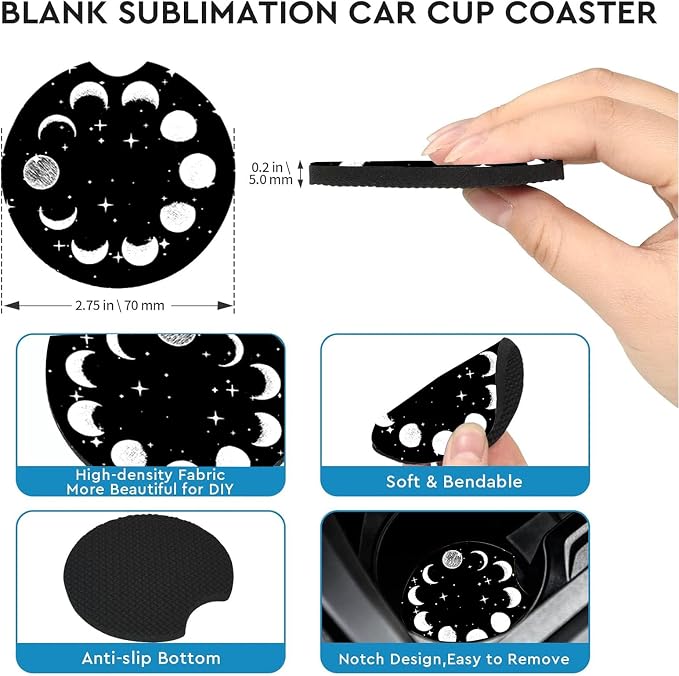 2 Pack Sky Moon Star Car Cup Holder Coasters Universal Neoprene Coasters | 2.75" Universal Size Anti Slip Rubber Mat, Auto Cup Holder Accessories for SUV Truck, Sky Moon Star Gifts for Women Men Mom