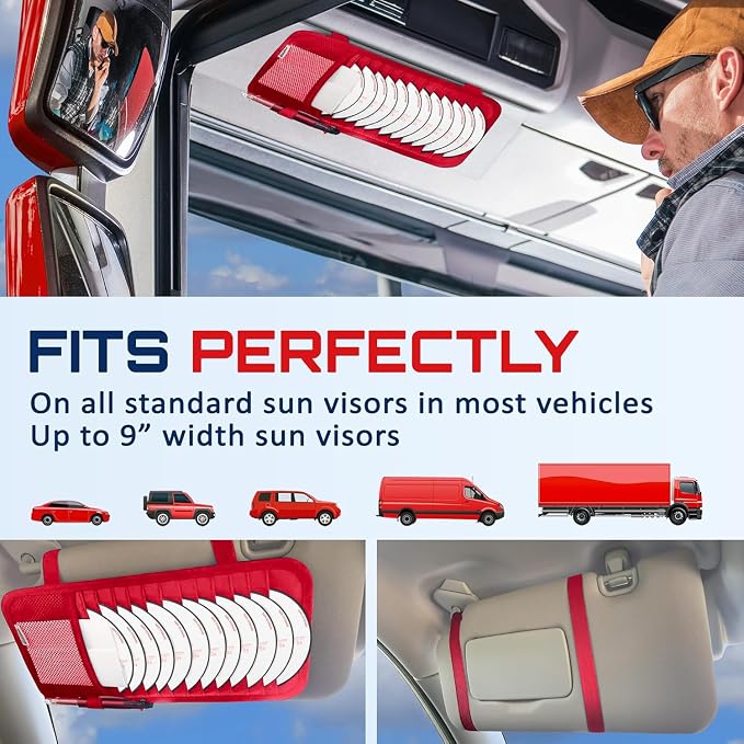 CD Case Holder for Car - Sun Visor Organizer for 12 CD’s/Dvd’s, 1 Mesh Pocket & 1 Horizontal Pen Holder - Safe, Ergonomic Design (Red)