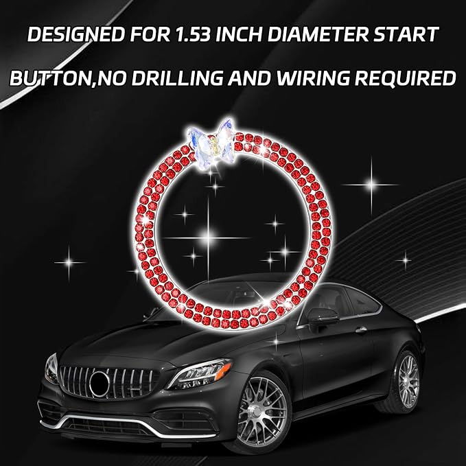 Bling Car Push Start Button Accessories for Women, Sparkling Butterfly Rhinestone Car Engine Push to Start Button Cover Decoration Ring Emblem, Car Interior Decoration Accessories (Red)
