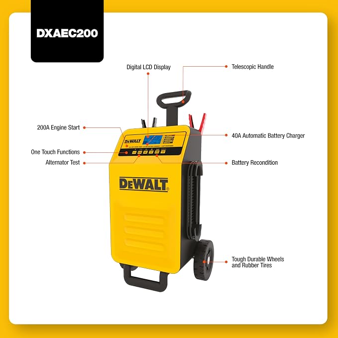 DeWalt DXAEC200 Professional Rolling 40 Amp Battery Charger, 3 Amp Maintainer with 200 Amp Engine Start | 200 Amp Engine Start, 40 Amp Charger, 3 Amp Maintainer