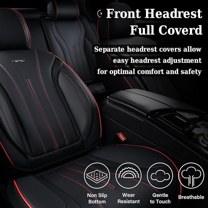 Coverado Car Seat Covers Full Set, Leather Seat Covers for Car, Waterproof Seat Covers, Automotive Seat Cushions, Breathable Car Seat Protector Universal for Most Sedans, Trucks, SUV (Black &Red Line)