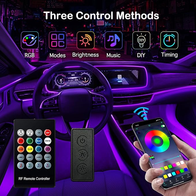 Interior Car LED Strip Lights, RGB 6 in 1 Ambient Lighting Kits with 315 inches Fiber Optic, 16 Million Colors Music Sync USB Car Interior Lights with Wireless APP/Button/RF Remote Control (6 in 1)