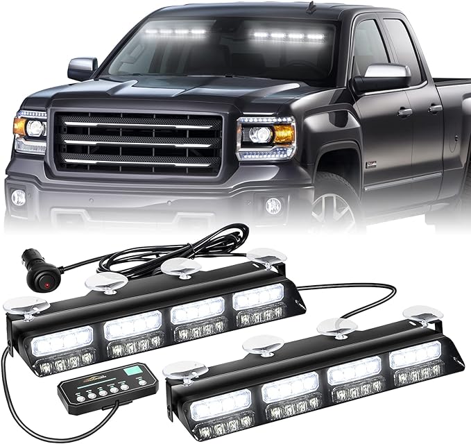 XRIDONSEN 2x 14 inch Emergency Dash Lights 32 LED White Strobe Lights | Interior Safety Warning Hazard Caution Front/Rear Windshield Light Bar w/ Controller for Construction Vehicles Trucks Car