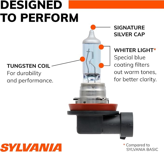 SYLVANIA - H11 SilverStar - High Performance Halogen Headlight Bulb, High Beam, Low Beam and Fog Replacement Bulb, Brighter Down Road with Whiter Light (Contains 2 Bulbs)