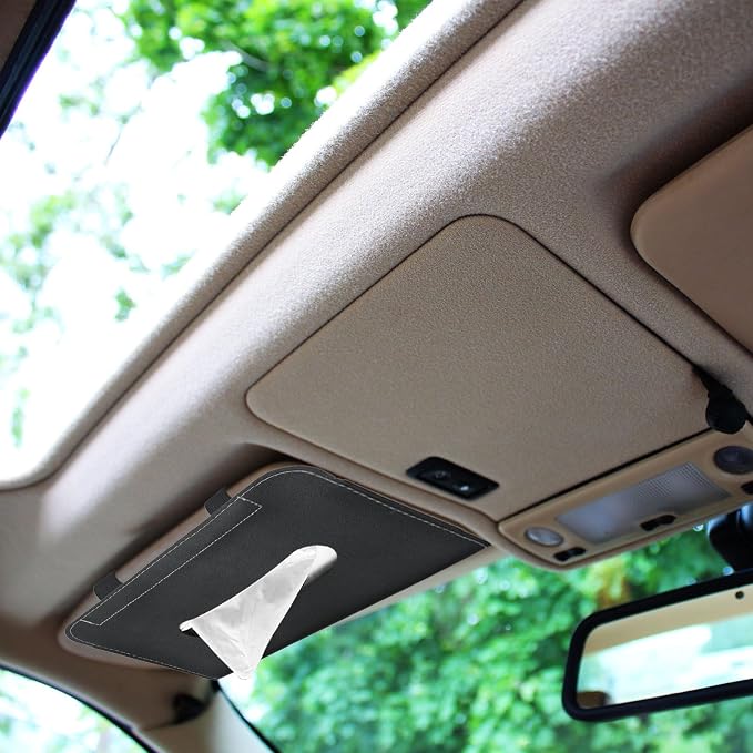 PATIKIL Car Tissue Holder, PU Leather Rectangle Napkin Paper Towel Dispenser Box Case with Elastic Strap for Car Sun Visor Seat, Beige