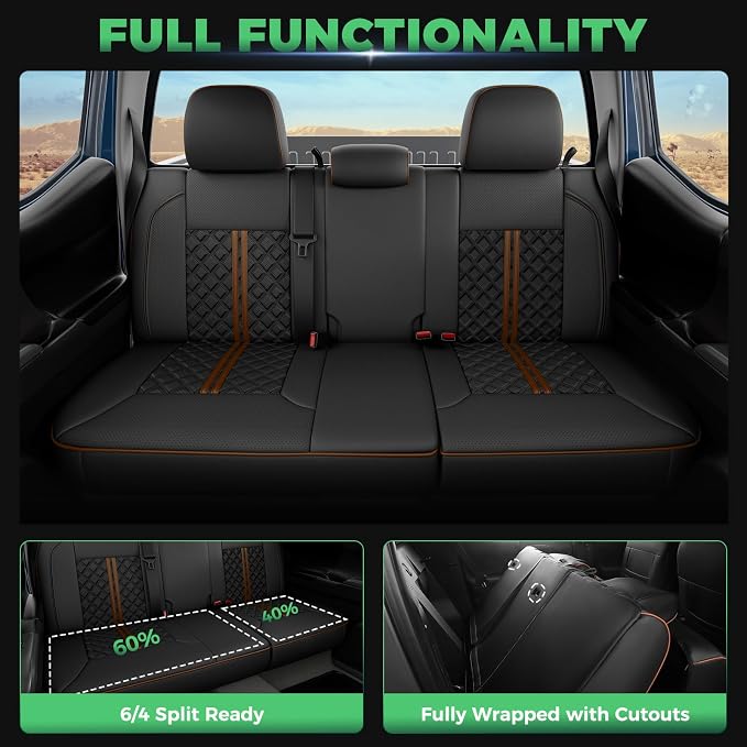 Custom Seat Covers for Tacoma 2016-2023 3rd Gen Double Cab SR5/TRD Off-Road/SR/TRD Sport/TRD PRO Full Set with Console Covers, Waterproof Leather Back and Front Seat Protectors Black Brown