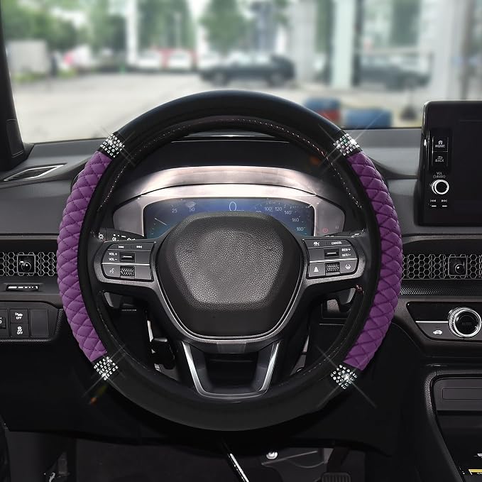 Bling Soft Leather Steering Wheel Cover, 15 Inch Colorful Rhinestones Auto Elastic Steering Wheel Protector for Women Girls, Car Accessories Anti Slip Steering Wheel Cover for Cars, SUVs (Purple)