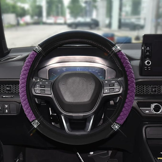 Bling Soft Leather Steering Wheel Cover, 15 Inch Colorful Rhinestones Auto Elastic Steering Wheel Protector for Women Girls, Car Accessories Anti Slip Steering Wheel Cover for Cars, SUVs (Purple)