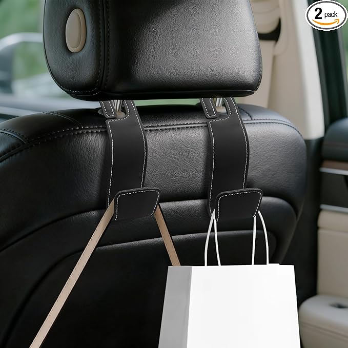 2PCS Car Seat Headrest Hooks, Purse Hook for Car, Automotive Headrest Handbags Holder, Auto Accessories Leather Seatback Organizer Hanger for Hanging Purses Bags Coats (Black, 2PCS)