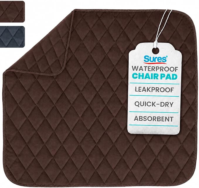 Sures Waterproof Chair Pads for Incontinence (22" x 21") - Washable, Waterproof Seat Protector - Chair Protector Seat Cover - Absorbent Pad for Bed, Seat, Car, Wheelchair & Recliner (Brown, 1 Pack)