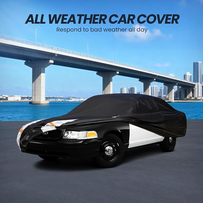 Multi-Layer Car Cover Custom Fit for Ford Crown Victoria (1991-2010), 100% Waterproof All Weather for Automobiles, Gift with Towel, Heavy Duty Car Covers for Rain Sun UV Protection with Door Zipper.