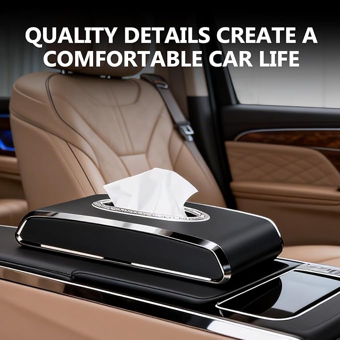 Faux Leather Car Tissue Holder for Interior, Multi-Function Tissue Box, Armrest & Back Seat Tissue Organizer, Sleek Kleenex Holder (Black Flat)