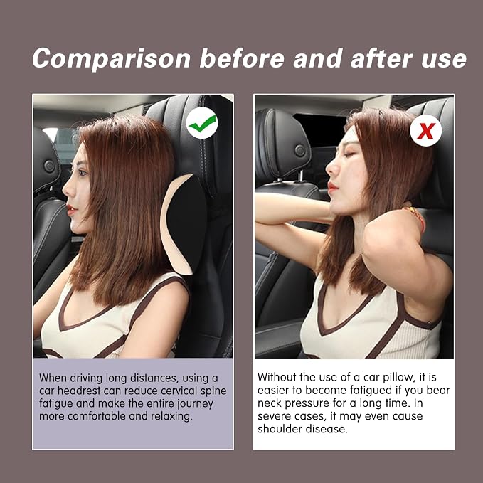 Make Restful Car Headrest Pillow, Car Pillow with Adjustable Strap, Beige | Breathable Removable Cover & Ergonomic Neck Support Cushion, Memory Foam Car Neck Pillow for Driving Fits Most Types of Seats