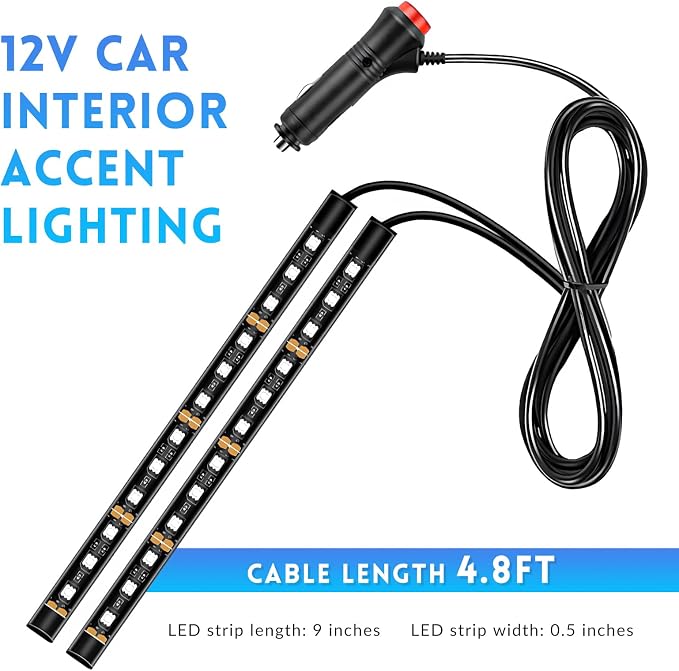 Car LED Strip Light, 12V 24 LEDs RGB Car Atmosphere Lamp with Cigarette Adapter Plug, Vehicle Under Dash Floor Ambient Night Decorative Lighting Kit (Ice Blue)