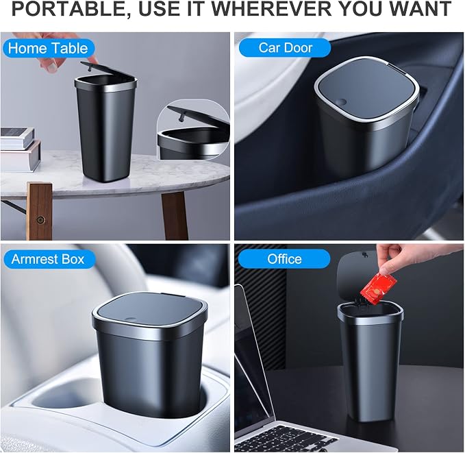 Mini Car Trash Can with Lid, Cup Holder Trash Can for Car with 3 Rolls Mini Trash Bags, Waterproof Small Car Garbage Can for Car Home Office Desk Bedroom -Square Black