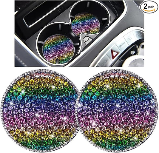 Bling Car Cup Holder Coaster, 2PCS 2.75 Inch Crystal Rhinestone Anti Slip Vehicle Drink Cup Mat for Women Girls, Auto Interior Embedded in Ornaments. Universal for SUV RV Truck (Strip)