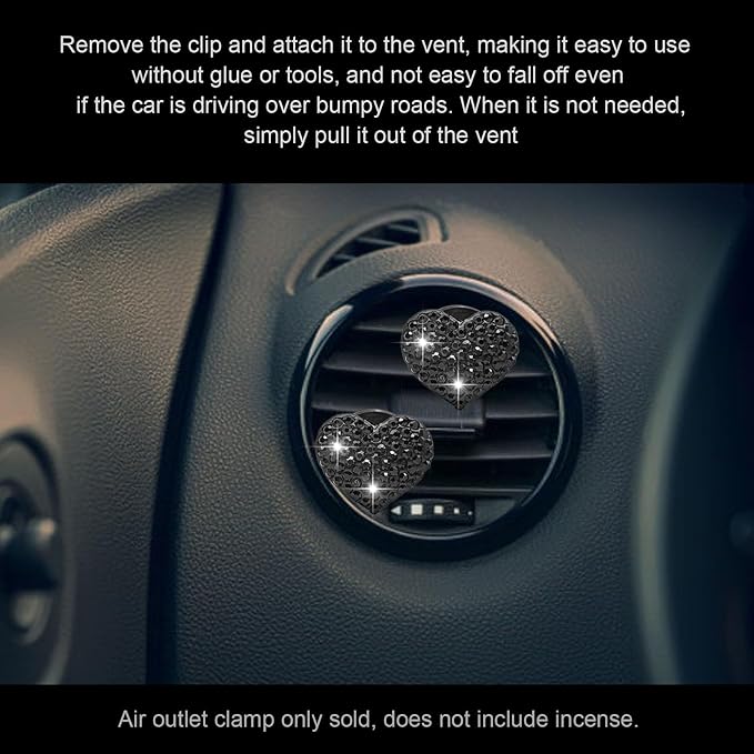 2Pcs Car Air Vent Clip, Bling Crystal Heart Charms Car Air Vent Clips, Car Air Conditioning Outlet Clip Decorative, Car Interior Decoration Accessories Universal for Women and Man (Black)