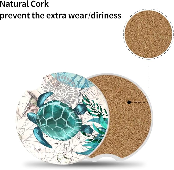 2 Pack Sea Turtles Pattern Absorbent Car Coasters for Cup Holders,2.56" Ceramic Coasters with Cork Back and Finger Slot,Auto Accessories for Women & Men.