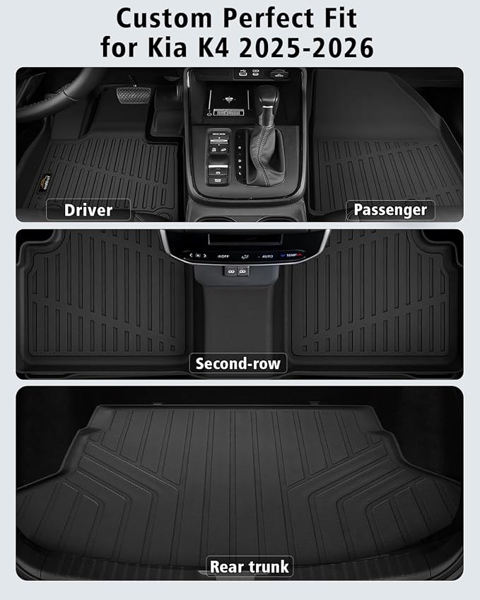 Floor Mats Custom for Kia K4 2025 2026 Sedan | All Weather TPE Rubber Floor Liners, Cargo Liner Full Set for K4 Accessories, Black