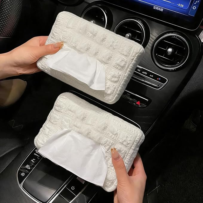Beige White Car Tissue Holder, Car Standard Tissue Holder, Multi-Functional Car Tissue Boxes, Soft Puff Fabric with Adjustable Elastic Band, Keep Car Tidy, for Sun Visor, Backseat, Armrest