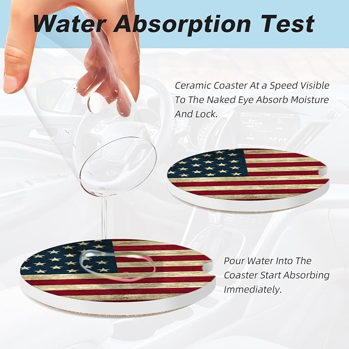 American Flag Car Coasters for Cup Holders,2 Pack Car Cup Holder Coasters for Car,Ceramic Absorbent Car Coaster with A Finger Notch and Cork Base,Car Interior Accessories for Women Men