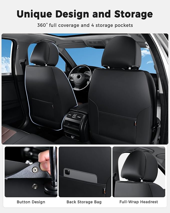 Huidasource Black & Coffee Seat Covers, Universal Fit for Cars SUVs Trucks | Full Coverage Leather Seat Cover, Airbag, Cupholder Compatible, Seat Function Retain, Easy Install with Velcro