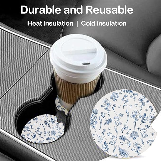 Ceramic Car Coasters – Absorbent Car Cup Holder Coaster Set for Women, Cute Aesthetic Car Accessories for Girls, 2 Pack (Dark Blue)