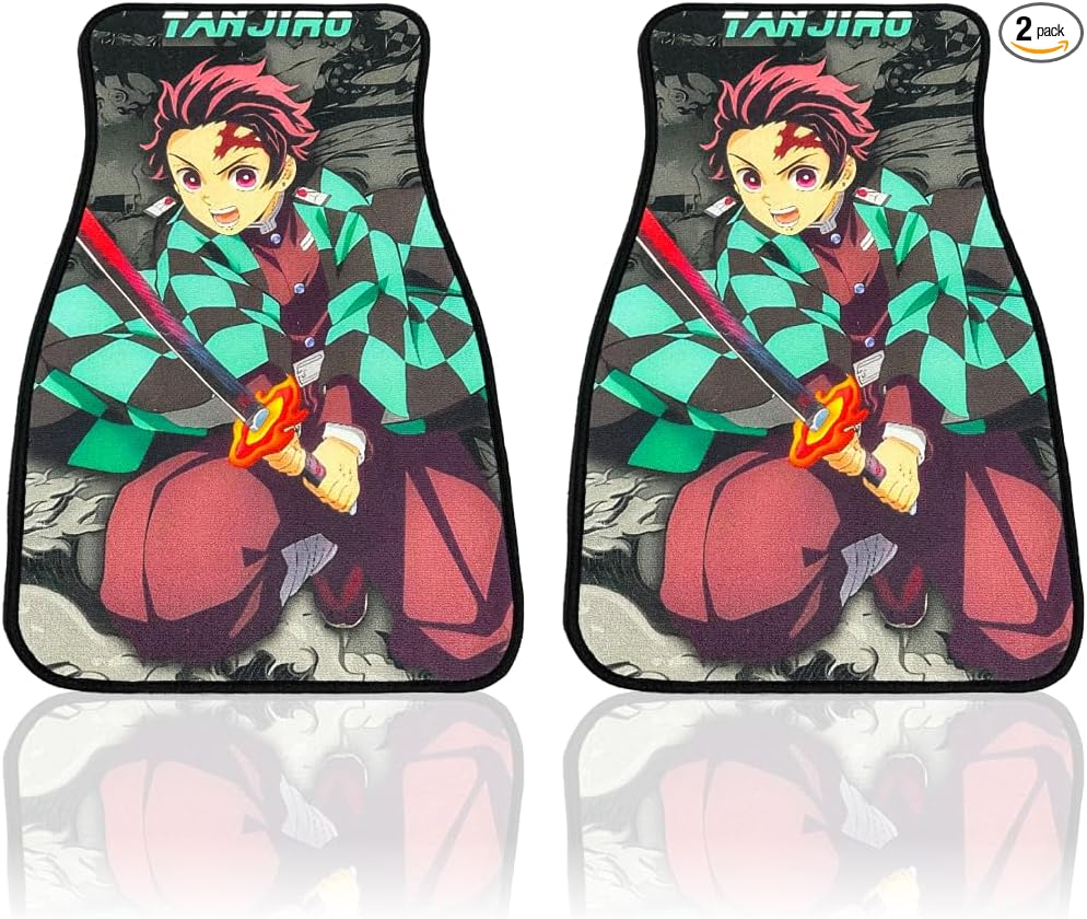 Anime Car Carpet Mat Set of 2 Front, Green Tanjrosword Design Automotive Accessories Interior All Weather Floor Mats Decor with Non Slip Black Anti Skid Backing