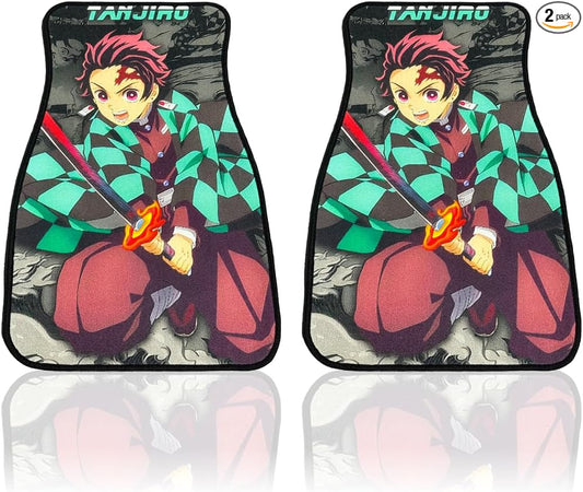 Anime Car Carpet Mat Set of 2 Front, Green Tanjrosword Design Automotive Accessories Interior All Weather Floor Mats Decor with Non Slip Black Anti Skid Backing