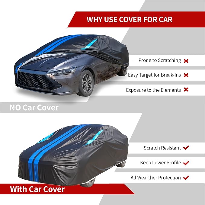 Car Covers for Automobiles, 6 Layers Car Cover Waterproof All Weather, Outdoor Car Cover Sun UV Rain Snow Wind Protection, Full Exterior Cover Fit for 193"(193 * 73 * 59 inch) Sedan