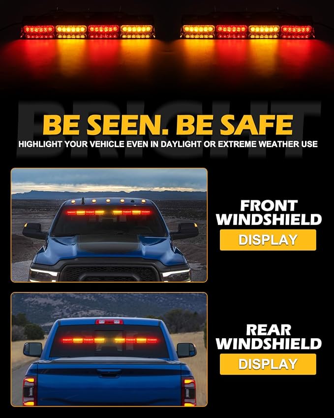 HLauto 604N Emergency Dash Strobe Lights: 2x16.8 inch Amber Red Security Light w/Take Down, 48 LED Safety Flashing Warning Hazard Interior Windshield Light Bar for Trucks Vehicles