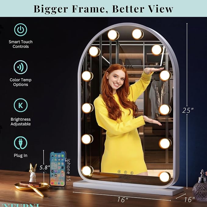 LUXFURNI Vanity Mirror with Lights, 24.5" Arched Hollywood Makeup Mirror | 12 LED Lights, 3 Color Modes, Touch Memory Control, Arched Frame No‑Bend Full‑Face View, HD Anti‑Glare Rust‑Resistant Glass