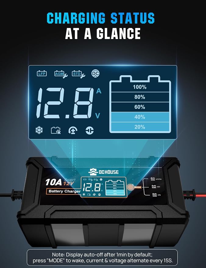 DC House 12V 10A LiFePO4 Battery Charger, Smart Trickle Charger Fully Automatic Maintainer Desulfator for Lead-Acid & LiFePO4 Batteries Car Motorcycle Truck Lawn Mower