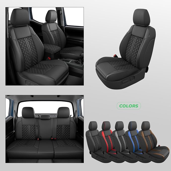 Custom Seat Covers for Tacoma 2016-2023 3rd Gen Double Cab SR5/TRD Off-Road/SR/TRD Sport/TRD PRO Full Set with Console Covers, Waterproof Leather Back and Front Seat Protectors Black