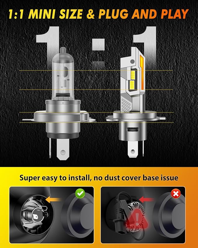 Termitor Upgraded H4/9003/HB2 Bulbs, 50,000LM 10X Ultra Bright, Real 1:1 Mini Size, 6500K Cool White with Cooling Fan, IP68 Waterproof for Turn Signal & Fog Light Combos, Plug and Play, Pack of 2