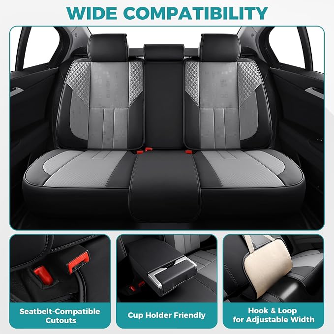 Universal Car Seat Covers for SUVs Sedans Trucks BlackGrey | universal fit, faux leather, waterproof, breathable, stain/scratch resistant, airbag compatible, anti-slip, easy install