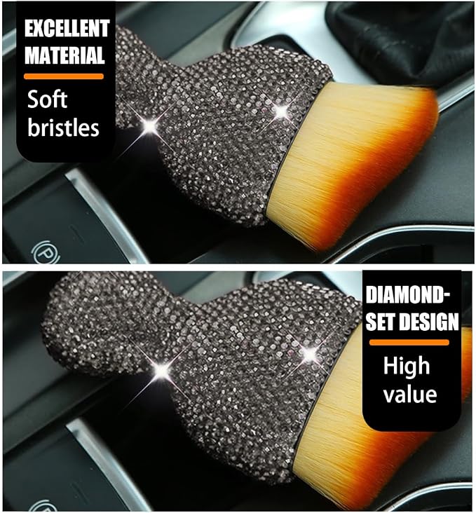zipelo Auto Interior Dust Brush, Car Detailing Cleaning Brush with Diamond, Bling Handle Soft Bristles Dusting Tool, Scratch Free Dirt Clean Brushes for Vehicle Dashboard, Air Conditioner Vent (Gray)
