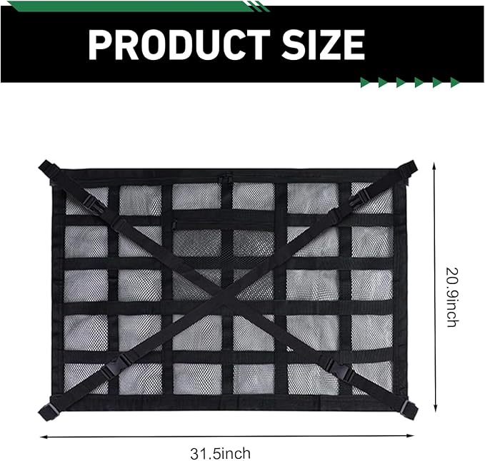 Car Ceiling Cargo Net, Double Layer Roof Storage Net with Pockets, 31.5" x 21.6" Camping Ceiling Storage Organizer, Fit for Sedans SUVs ravel Road Trips,Van Life Essentials (Black)