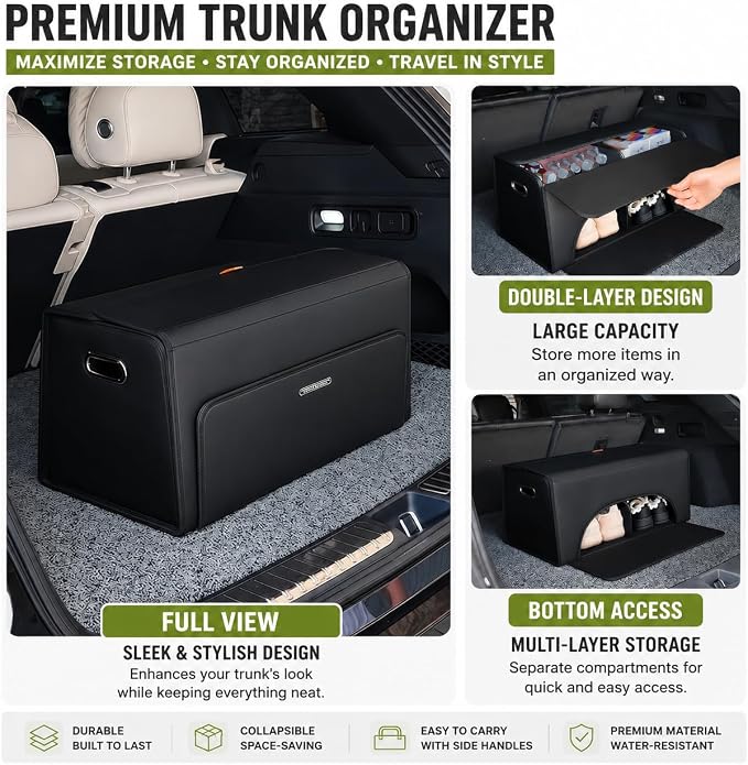 GMQ Double-layer Trunk Organizers for Car,Double Door Car Organizers and Storage Shoes for SUV,Magnetic Lid with Collapsible Storage, Large Capacity for SUV, Truck, MPV (Black, L-21.5×13×12.5 IN)