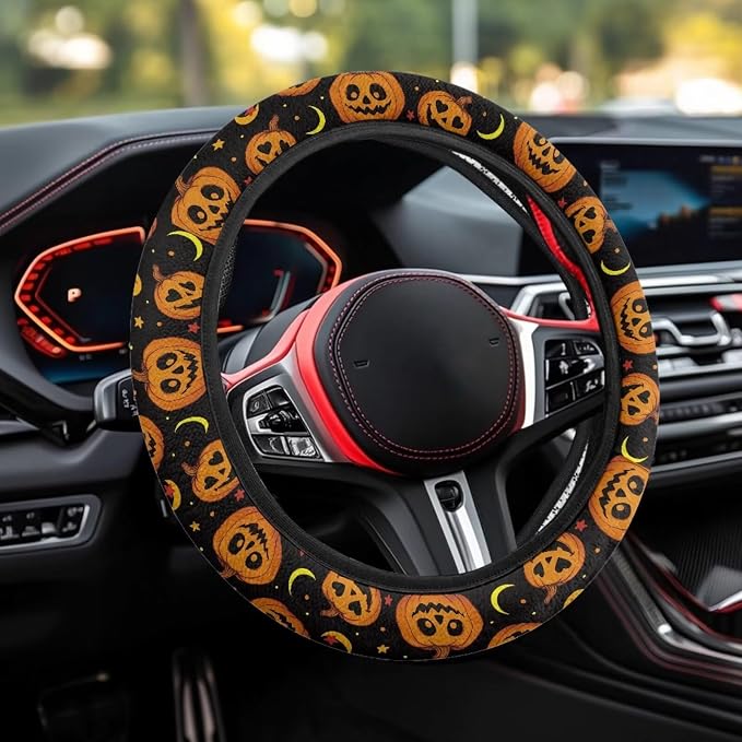 Wanyint Halloween Car Steering Wheel Cover 15 Inch Universal Breathable Soft Anti-Slip Auto Accessories Steering Wheel Protector Fit for Most Vehicles, Pumpkin Moon Star