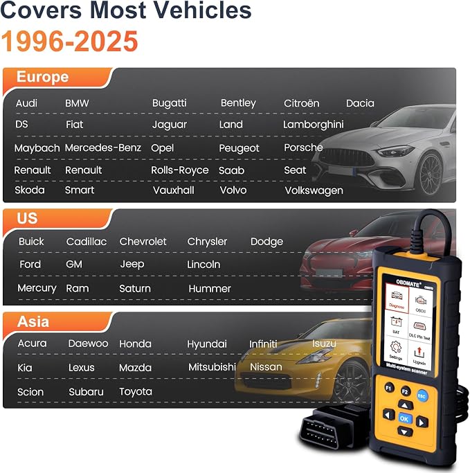 Full Systems OBD2 Scanner Car Diagnostic Tool with ABS SRS Transmission Etc | Read & Clear Fault Codes; Read Live Data; Battery Voltage Test; Free Upgrade; Works for Cars and Trucks Since 1996