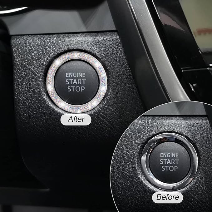 Bling Crystal Rhinestone Engine Start Ring Decals, 2 Pack Push Start Button Cover/Sticker, Key Ignition Knob Bling Ring, Sparkling Car Interior Accessories for Women (AB)