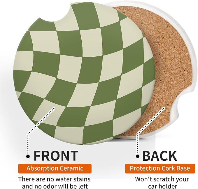 Wave Green Chekerd Car Coasters for Cup Holder Absorbent Ceramic Cup Coaster 2 Pack Anti Slip Car Interior Accessories with Finger Notch Cork Base for Women Men 2.56"