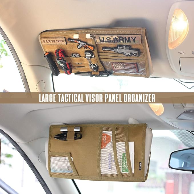 WYNEX Car Visor Organizer Fold MOLLE Panel, Fit Car Trucks Pickups Vans | 2-Packs, Fold: M-13.8x7", 3 Hoop & Loop Strap, Auto Sun Visor Storage Pouch for Essentials & Tactical Gear Road Trip